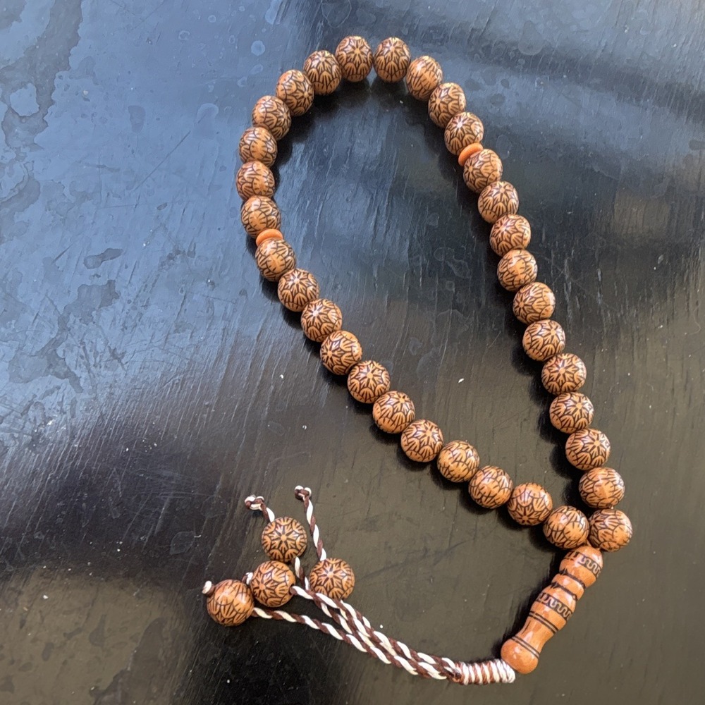 Islamic Tasbih Misbaha Prayer Beads Brown Carved Wood Patterned Beads Tassel